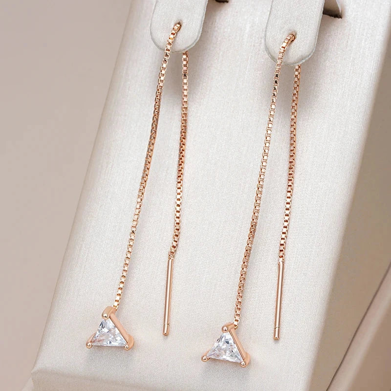 Luxury Rose Gold Natural Zircon Long Ear Wire Earrings for Women