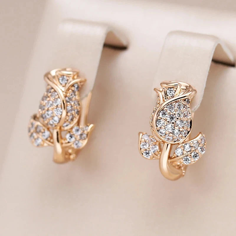 Natural Zircon 585 Rose Gold Crystal Flower Earrings for Women