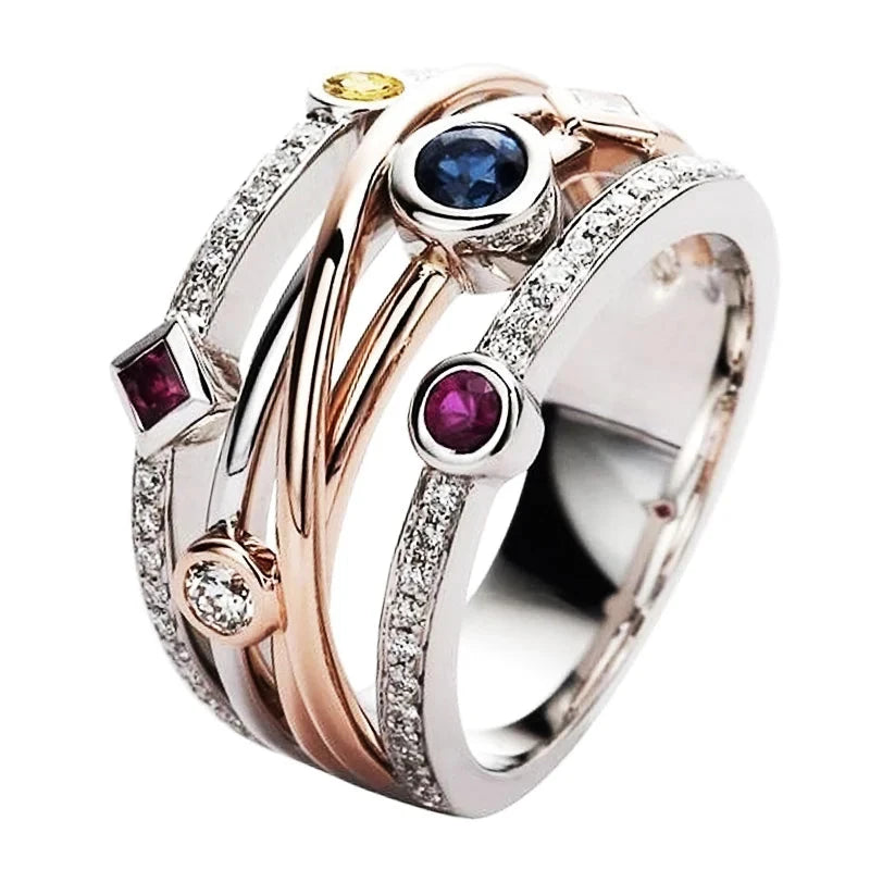 Colorful Cubic Zirconia Geometric Women’s RingMULTITwo Tone