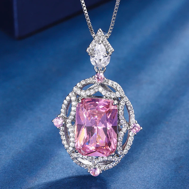 Retro Hollow Design Square Pink Crystal Pendant Necklace Aquamarine Stonepink