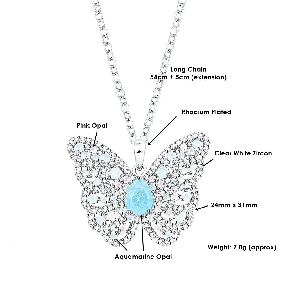 Dream Aquamarine Pink Opal Butterfly Pendant Necklace