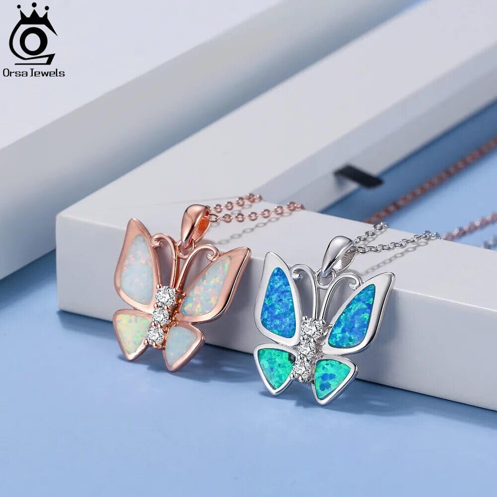 Fire Opal Butterfly Pendant 925 Sterling Silver NecklaceNecklace