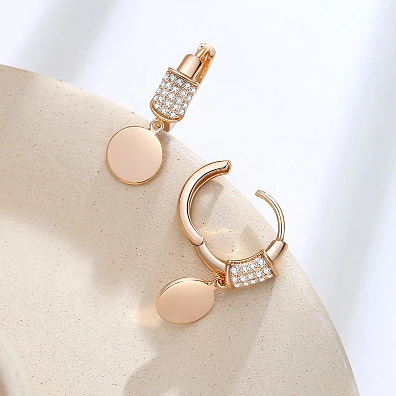 Glossy Rose Gold Disc Drop Earrings For Women