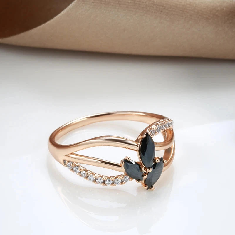 Trendy Black Zircon Crystal Flower Rose Gold Ring for Women