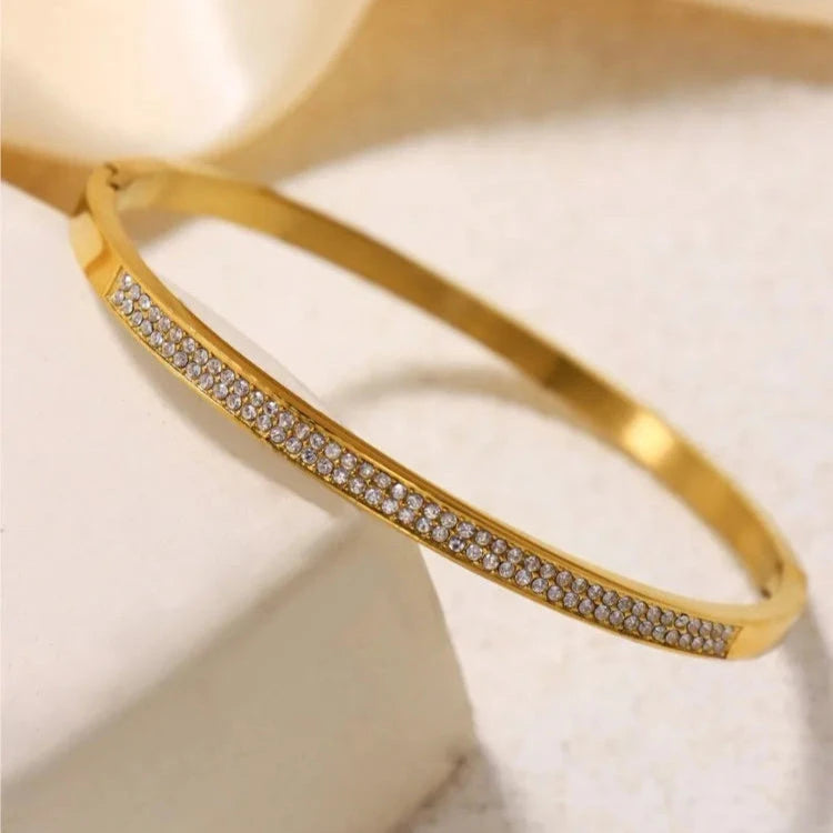 Shiny Zircon 18K Gold Plated Stainless Steel Bangle for Women