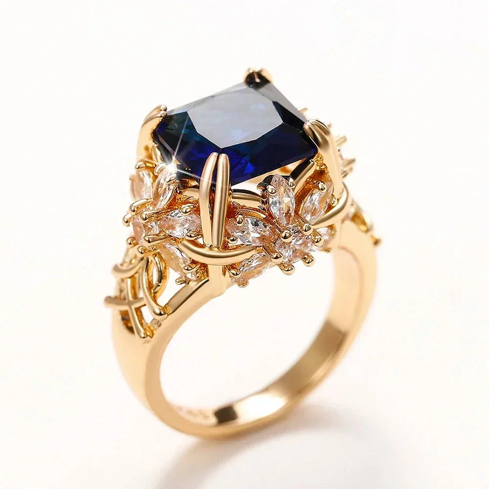 Dark Blue CZ Dazzling Flower Design Ring for Women