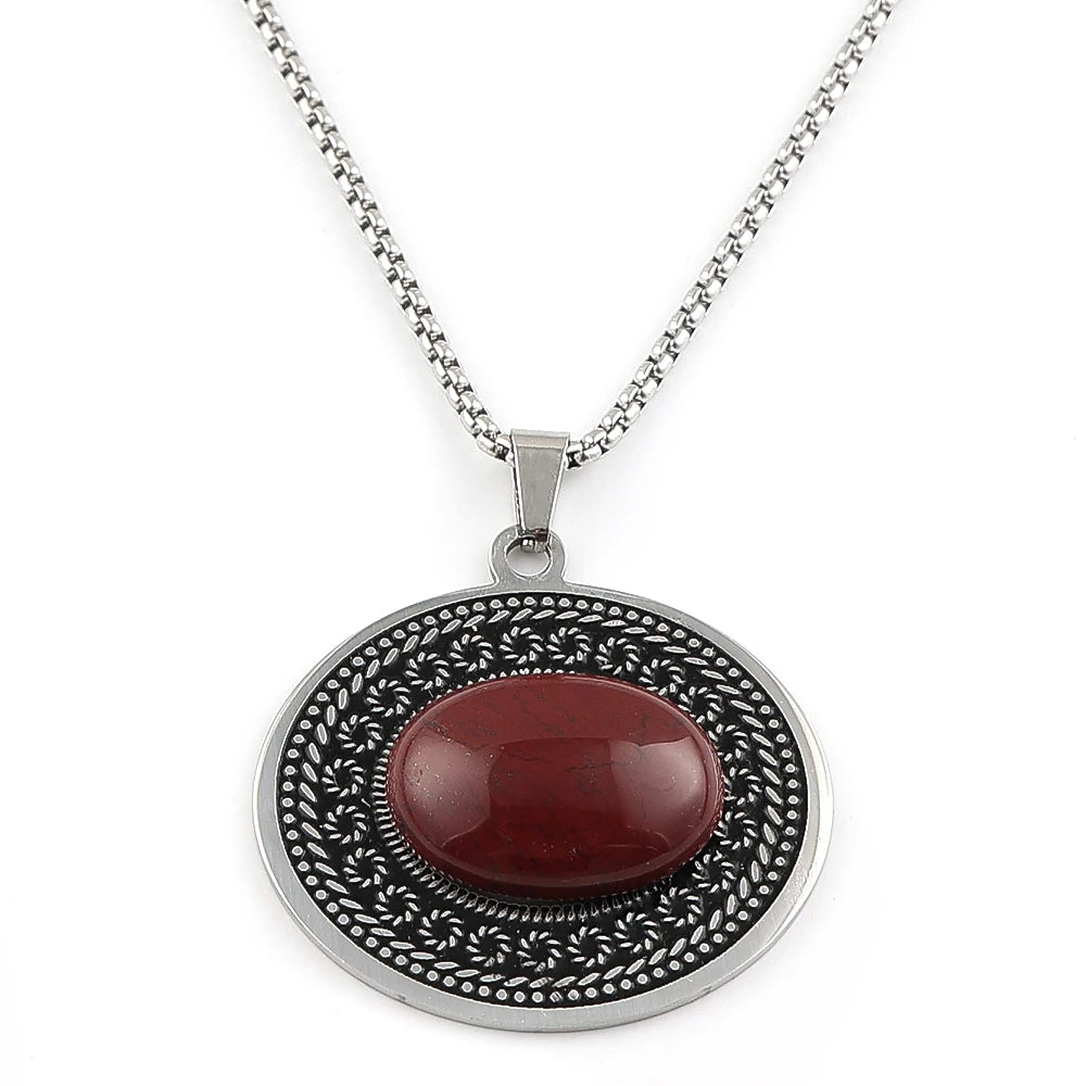 Bohemian oval stone pendant, Brick Red stone