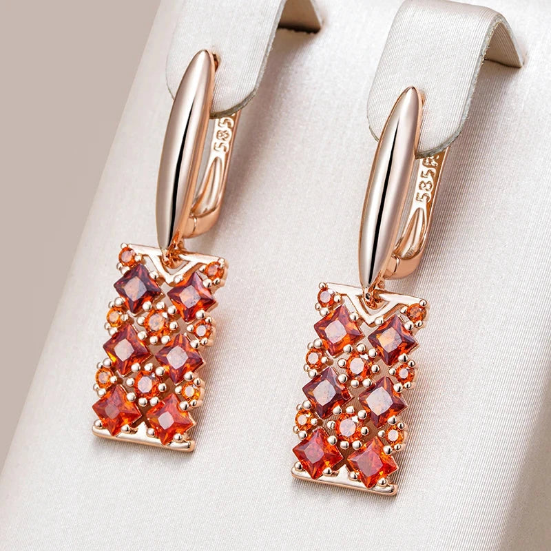 Rose Gold Red Zircon Square Drop Earrings