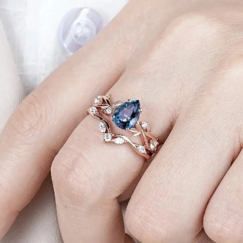Rose Gold Blue & White Stone Waterdrop Ring Set for Women