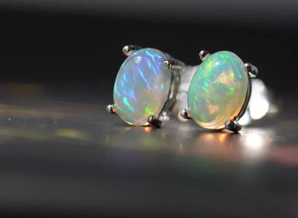 Natural Stone Opal Earrings Silver Post Lucky Hope Elf Studs Earring