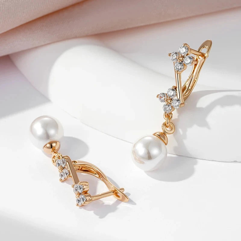 Rose Gold Pearl Dangle Earrings – Natural Zircon Luxury