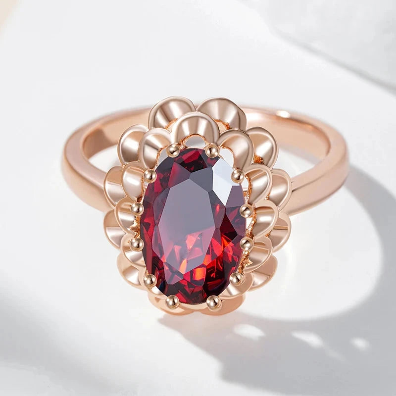 Oval Red Zircon Boho Glossy Large Rings for Women 585 Gold Color Vintage Party Wedding Jewelry Flower Charm Accessories Gifts