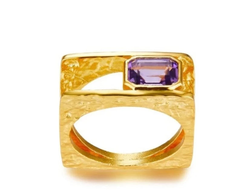Geometric Natural Amethyst Silver Gold Plated Ring6