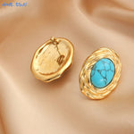 Natural Stone Turquoise Stud Earrings Gold Plated Stainless Steel