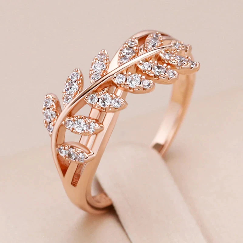 Natural Zircon Leaf Ring – 585 Rose Gold for Women
