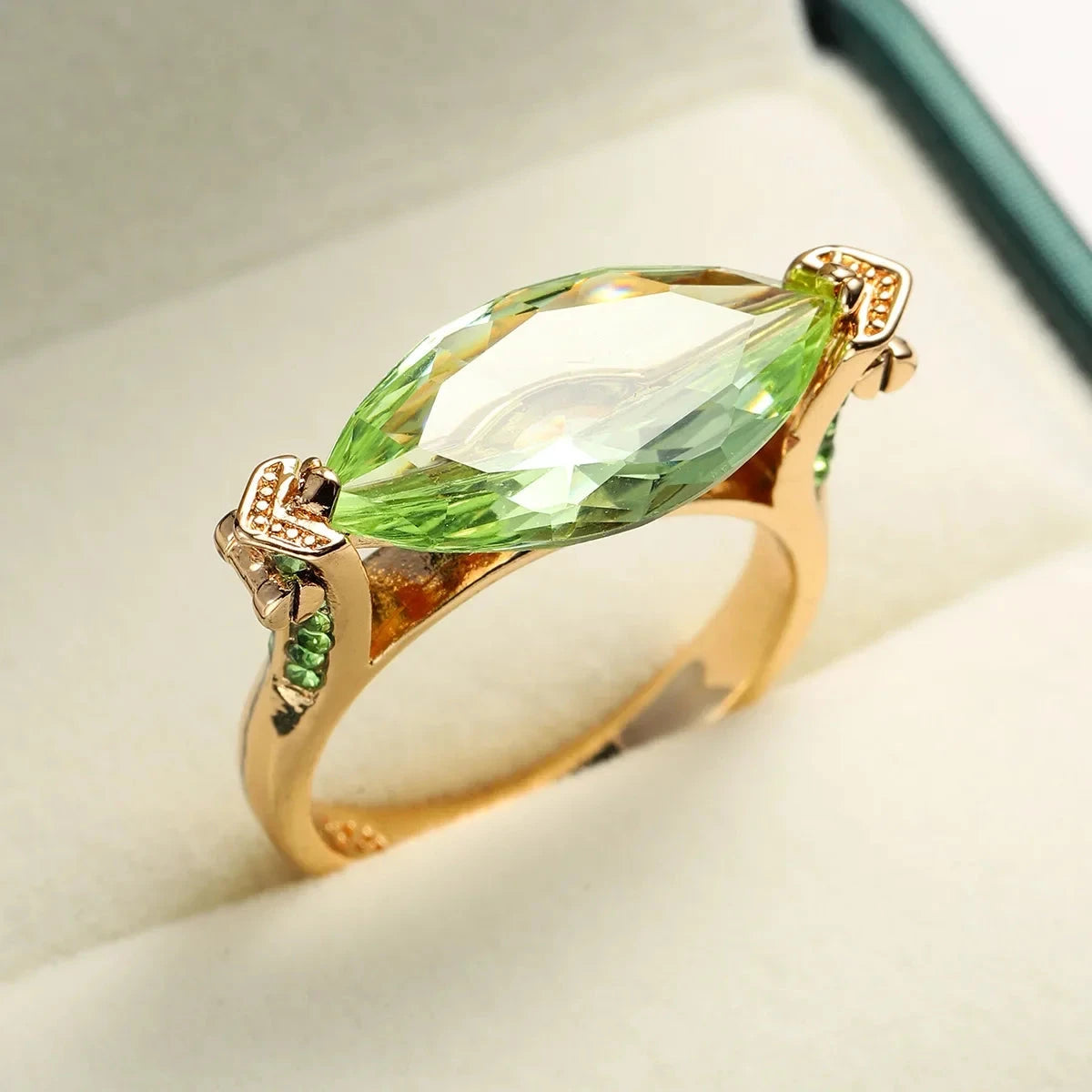 Champagne Green Gemstone Gold Marquise Zircon Wide Ring
