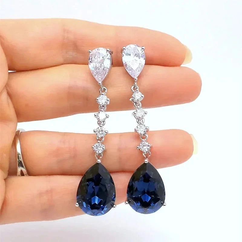 Elegant Long Strip Royal Blue Water Drop Earrings for WomenE3681