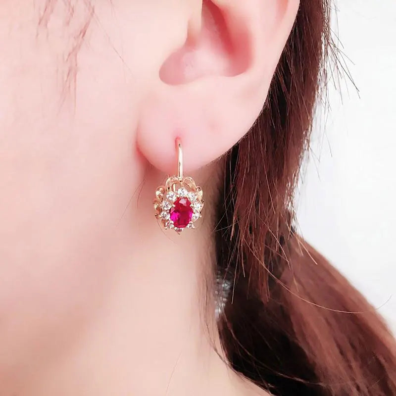 Purple Gold Ruby Flower Earrings