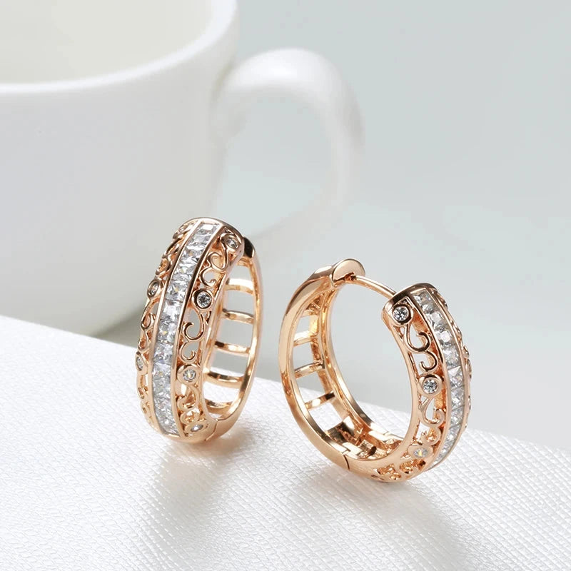 SYOUJYO Retro Round Hollow Shiny Natural Zircon Earrings For Women 585 Rose Gold Color Unique Light Luxury Party Jewelry