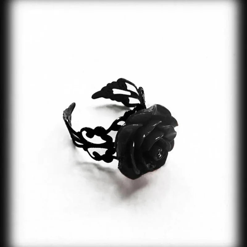 Goth Style Red Rose Opening Rings for Womenblackresizable