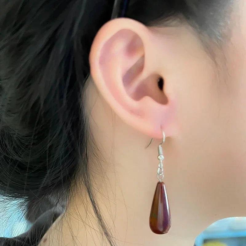 Natural Stone Dangle Earrings For Women Drop Pendant Apatite Speckled Stone Stainless Steel Earrings Wedding Jewelry WholesaleRed Stone