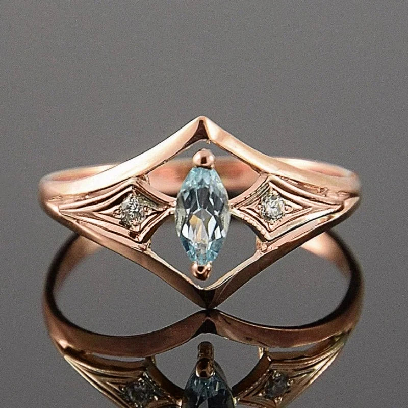 Rose Gold Marquise Blue Cubic Zirconia Elegant Women Rings