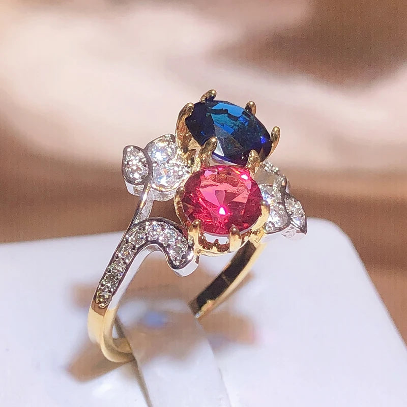 Elegant 925 Stamp Ring Sapphire Ruby Flower Plant