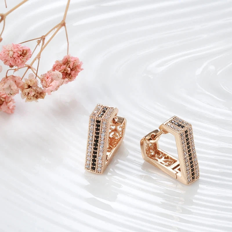 Unique Black White Stone V Shape 585 Rose Gold Earrings For Women