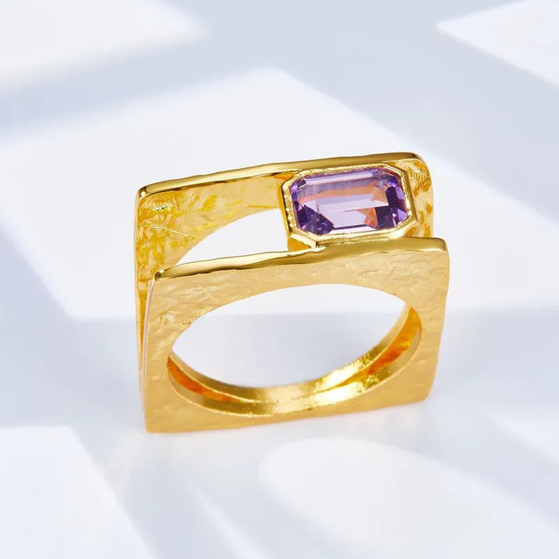 Geometric Natural Amethyst Silver Gold Plated Ring