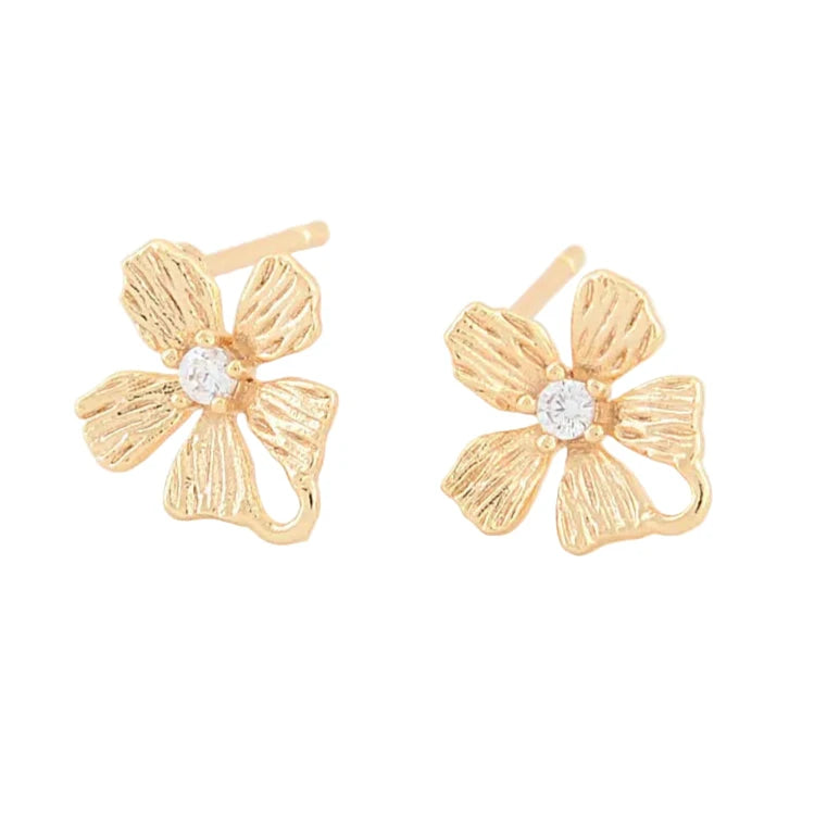 Gold Flower Stud Earring Parts – 6PCS, Zircon & Brass