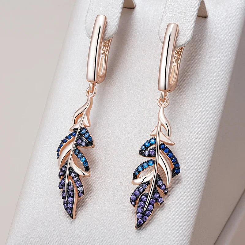 Kinel Hot Purple With Blue Natural Zircon Leaf Drop Earrings For Women 585 Rose Gold and Black Gold Plating Daily Fine Jewelry