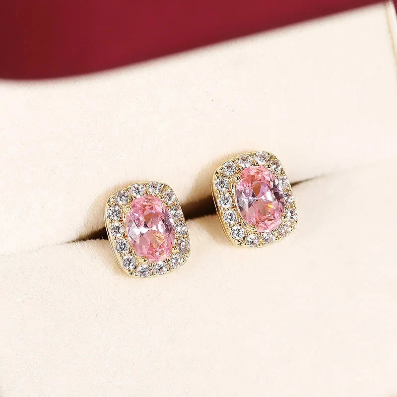 Elegant Pink Zircon Square Oval Earrings for Women