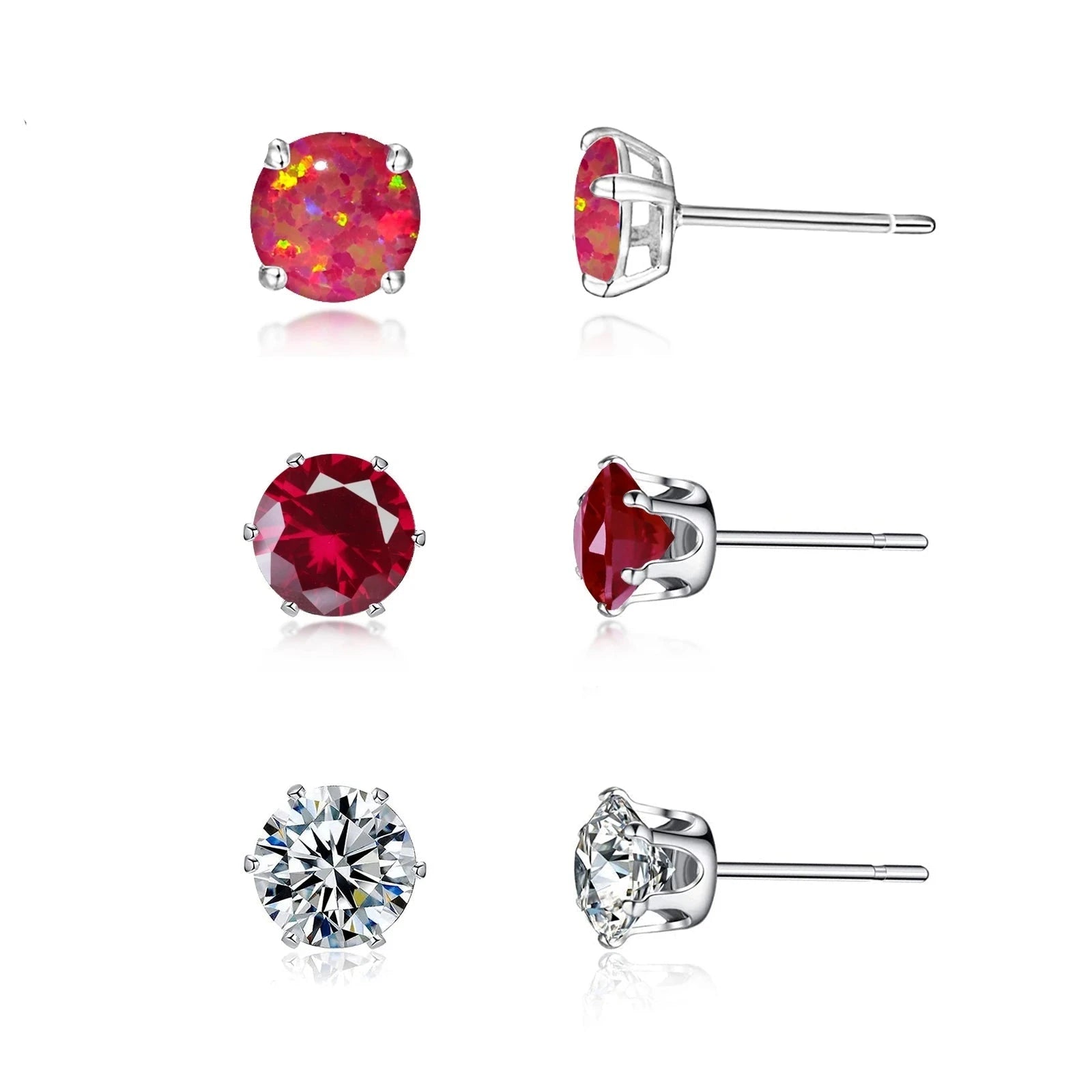 3 Pairs of Red Opal Stone Stud Earrings