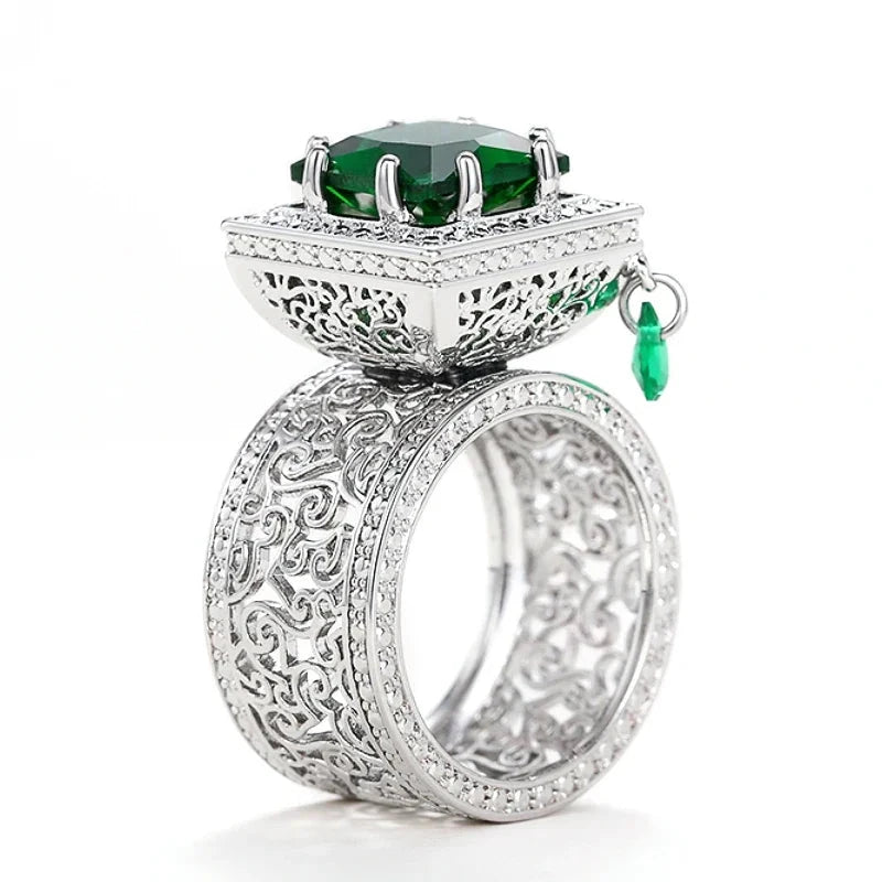 Square Green CZ Hollow Pattern Ring for Women