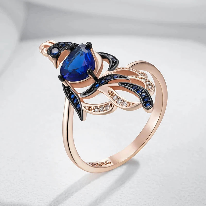 Blue Natural Zircon Bird Ring For Women Unique 585 Rose Gold and Black Gold