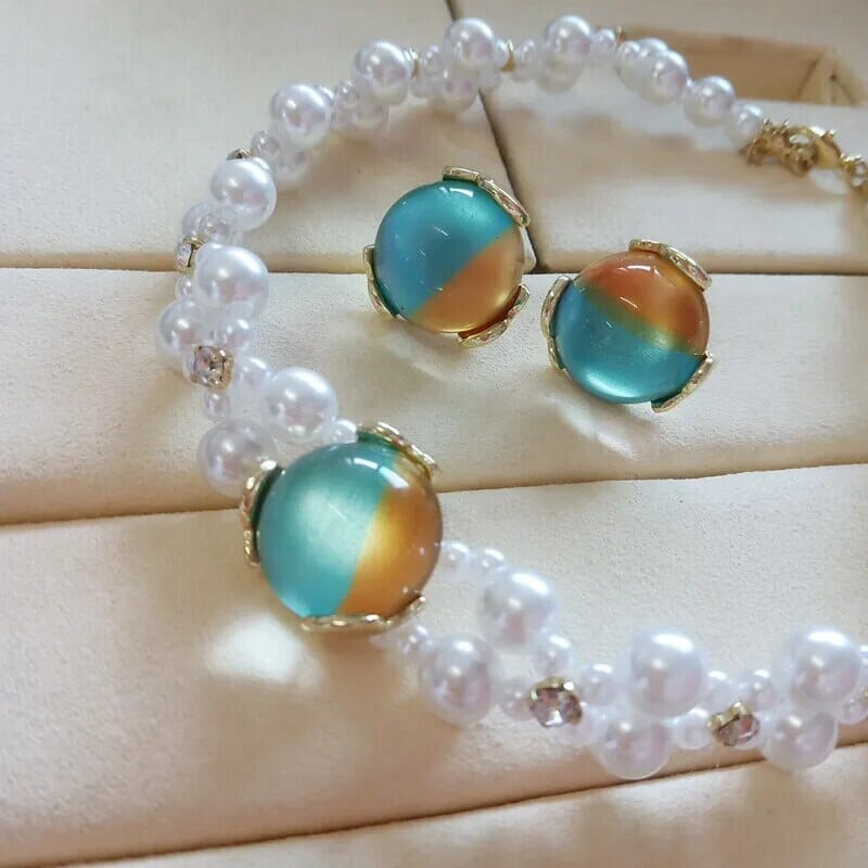 Pearl Green Opal Earrings and Choker NecklaceJewelry Sets