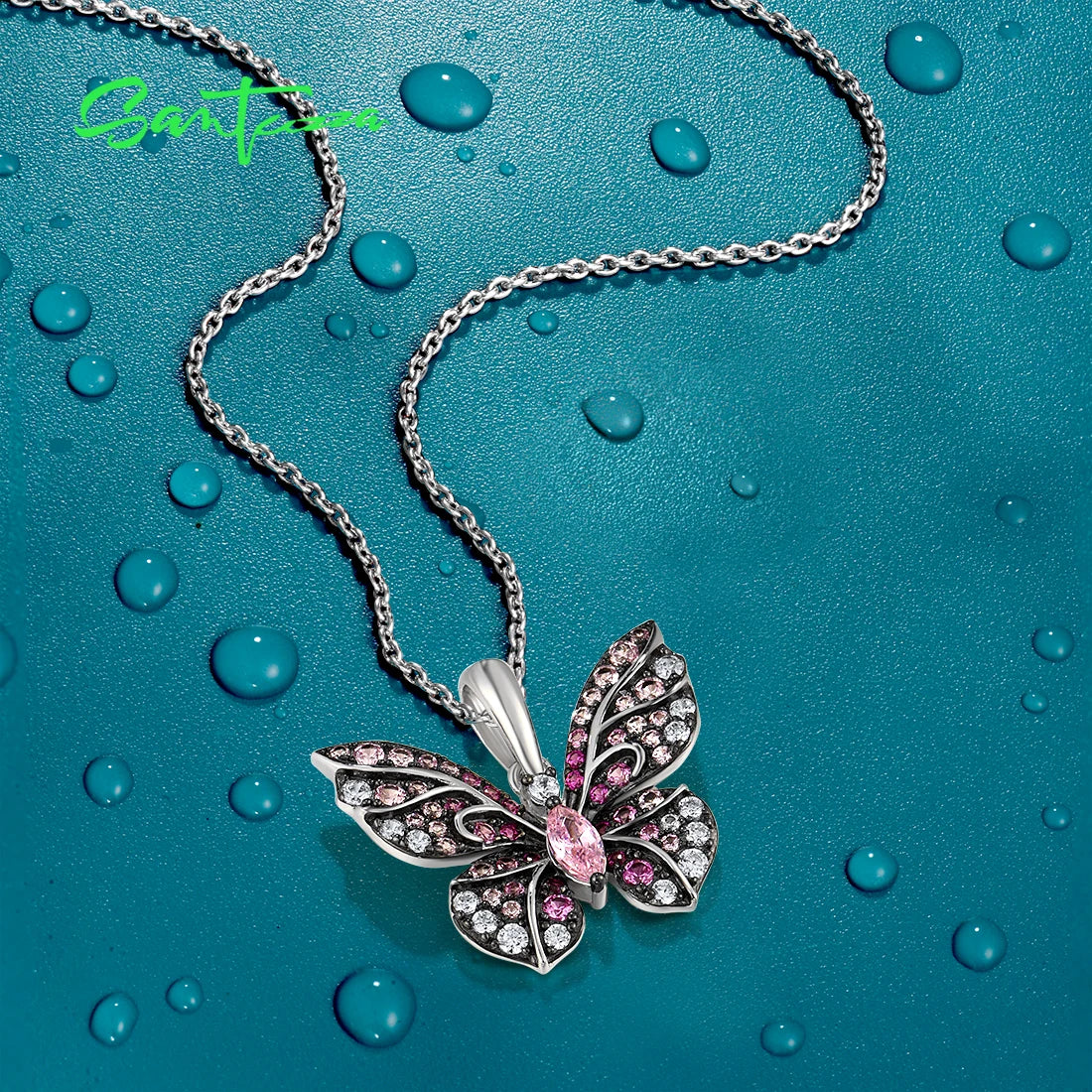 925 Silver Sterling Elegant Created Pink Sapphire Safari Butterfly Pendant Only