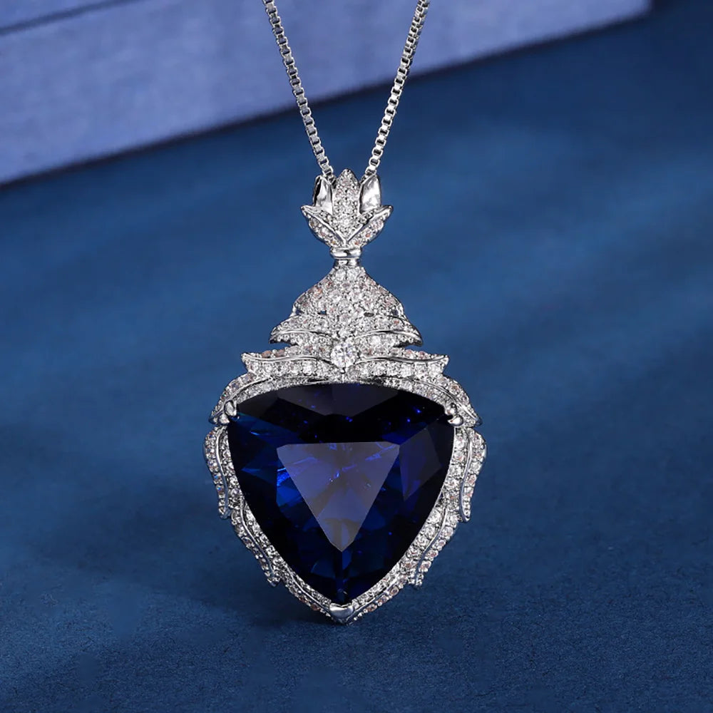 Luxury Vintage 19*20mm Sapphire Pendant Necklace for WomenBlue45cm