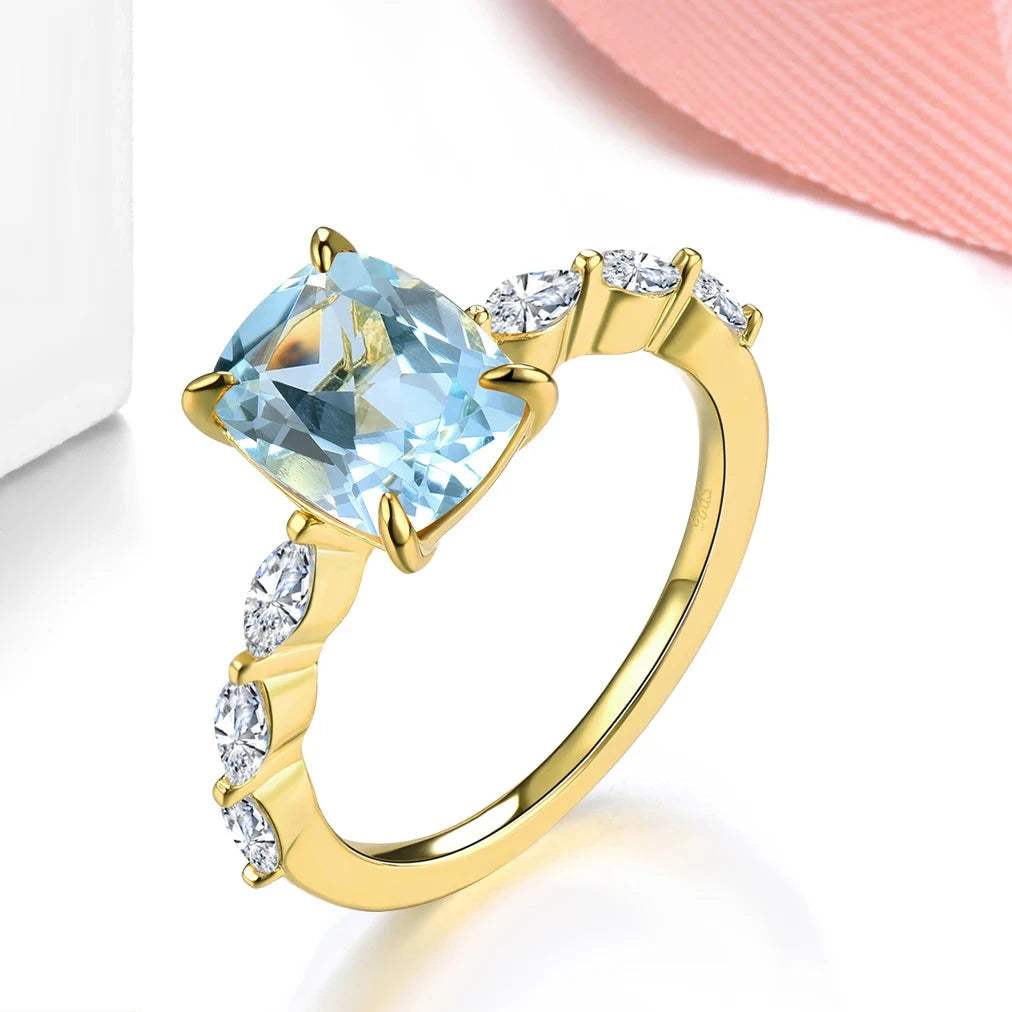 Natural Sky-Blue Topaz Ring Yellow Gold Plated 1.8 Carats Genuine Gemstone Classic Elegant