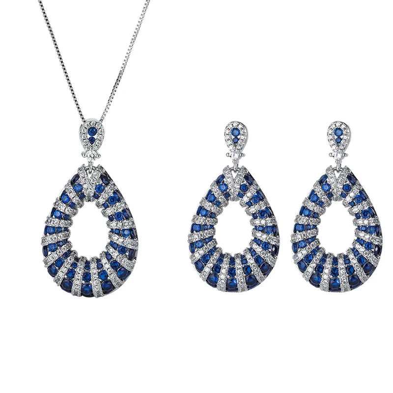 Set Trend Earring Pendant Necklace 925 Sterling Silver Oval Sapphire Crystal Luxury Jewelry Retro Wedding Gift