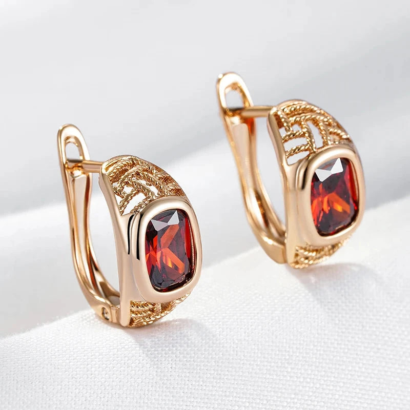 Classic Red Zircon Drop Earrings – Rose Gold Color