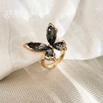 Gold Ring Black Crystal Butterfly Open for Women