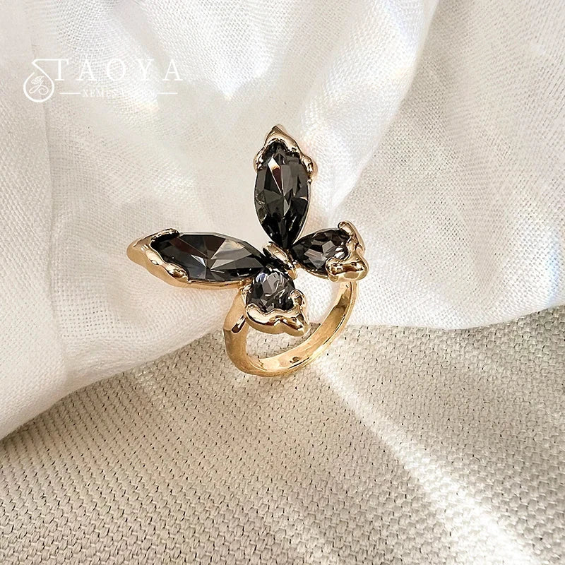 Gold Ring Black Crystal Butterfly Open for Women