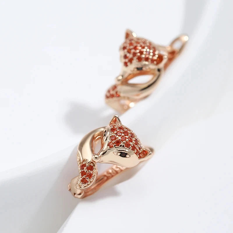 SYOUJYO Cute Red Fox Stud Earrings For Women 585 Rose Golden Natural Zircon Animal Luxury Jewelry Party Gift