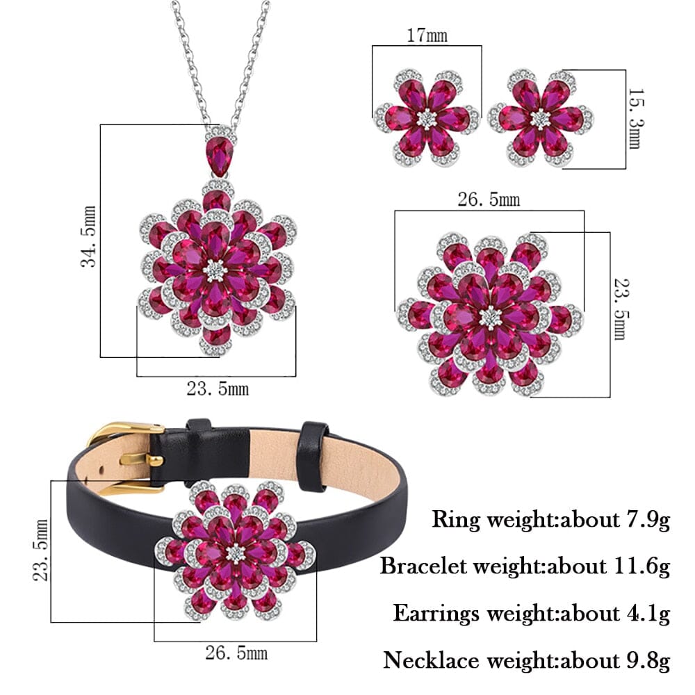 925 Solid Silver Ruby Diamond Pendant Necklace Rings Earrings Wristband SetRing