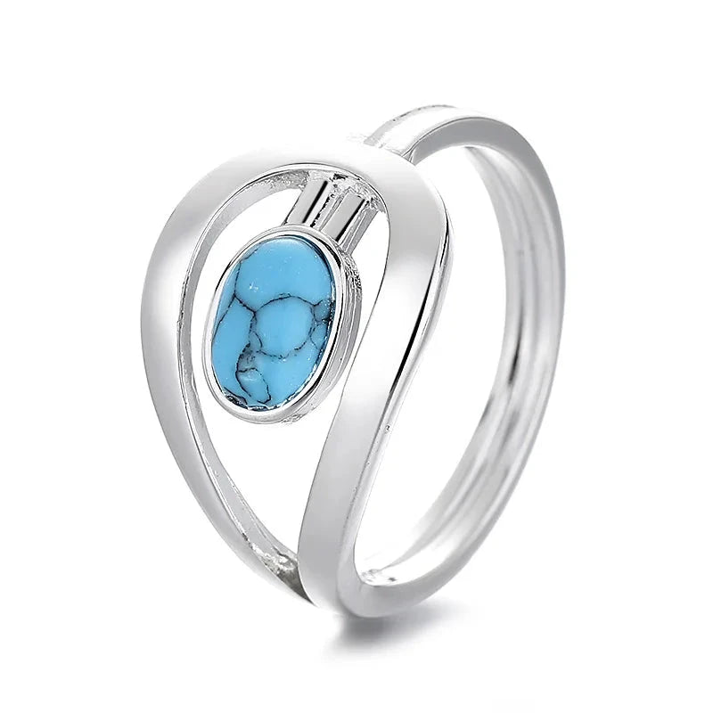 Unisex Oval Blue Stone Wedding Bands Synthetic Turquoise Rings