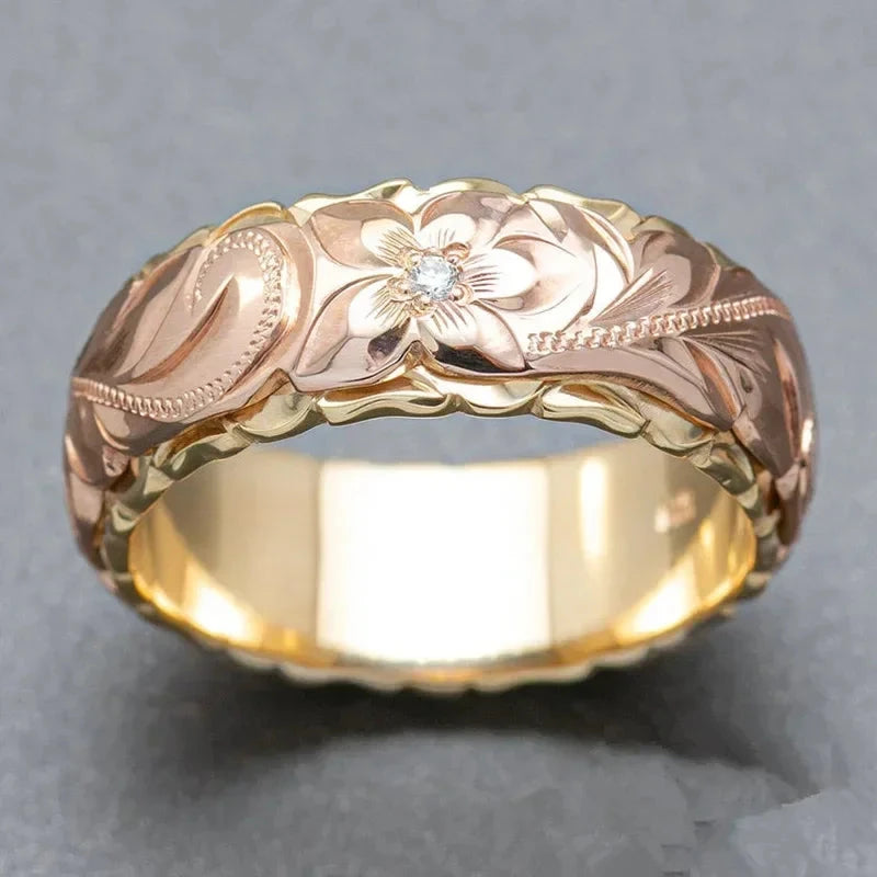 Carved CZ Engagement Ring – Two-Tone Design