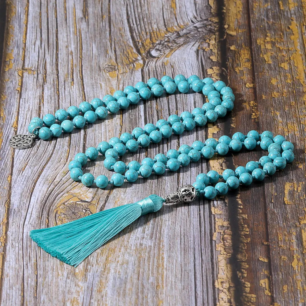 Turquoise Beads Knotted Necklace Meditation