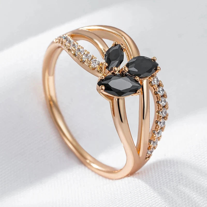 Trendy Black Zircon Crystal Flower Rose Gold Ring for WomenZ05968