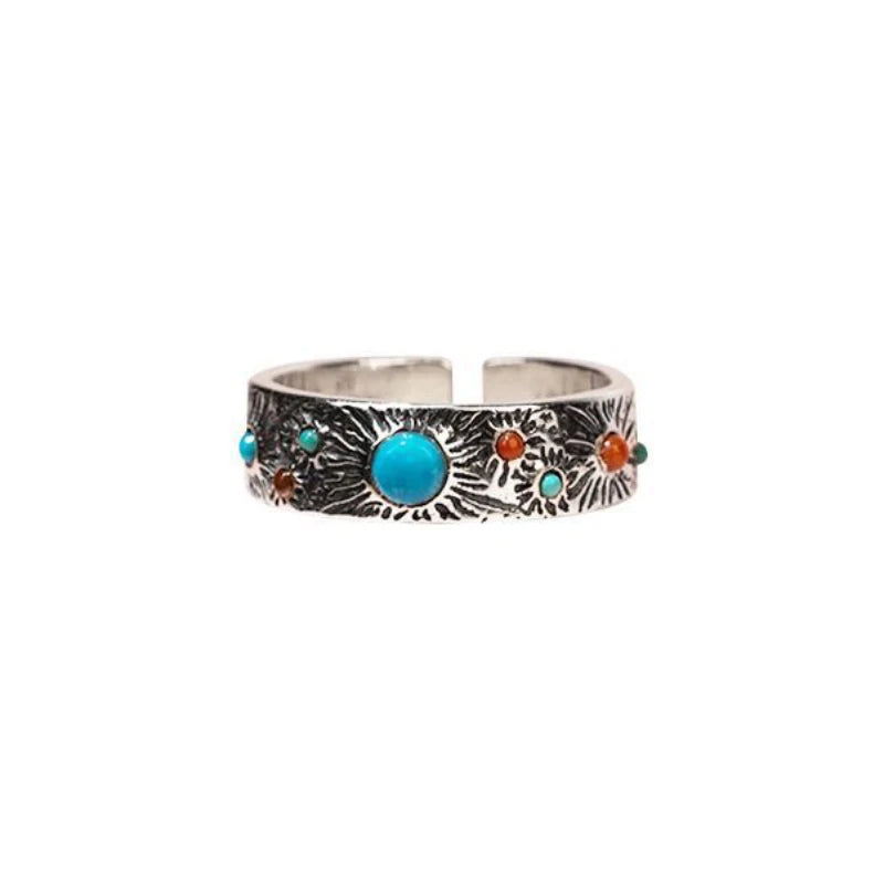 Colored Stone Ring Inlay Turquoise and South Red Tourmaline Rings